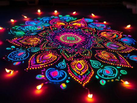 Radiant Mandalas and Burning Candles: Celebrating Cultural Traditions and Holiday Decorations at Nighttime Outdoor Eventsの素材