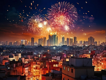 Stunning Night Illumination: A Majestic Building's Reflection in Calm Waters Against a Skylit Festival Sceneの素材