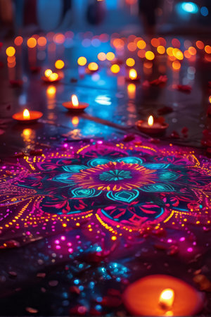 Enchanting Mandala Illuminated by Candles: A Celebration of Artistic Symmetry, Spiritual Significance, and Cultural Heritageの素材