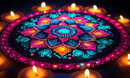 Radiant Mandala: A Colorful Symphony of Symmetry, Patterns, and Decorative Elements Radiating Vibrant Energy and Intricate Shapesの素材