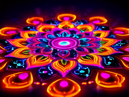 Vibrant Neon Glow: A Side Profile Woman's Silhouette Against Dark Background Illuminated by Colorful Lights Within Her Bodyの素材