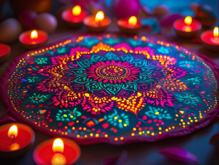 Radiant Mandala Displayed with Floating Lights: Vibrant Neon Colors and Intricate Patterns Illuminate Dark Backgroundの素材