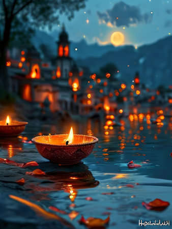 Enchanting Night Scene: Oil Lamps Floating on Water Amidst an Astonishingly Majestic Night Skyの素材