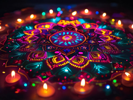 Vibrant Colors and Paper-Cut Delights: A Greeting for Diwali Featuring Layered Rings and Ornate Patternsの素材