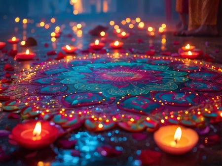 Divine Celebration: A Bioluminescent Mandala Surrounding Lit Candles at Diwali Festivitiesの素材
