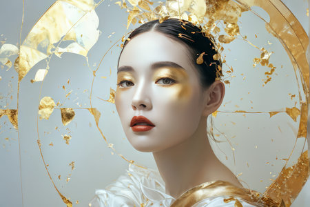 Radiant Golden Halo A Girl Enchanting Beauty Under a Verdant Crownの素材