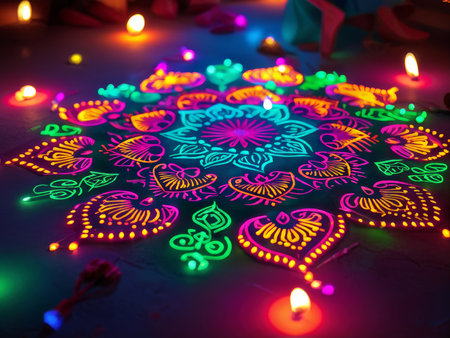 Radiant Rangoli: A Colorful Celebration Around Lit Candlesの素材