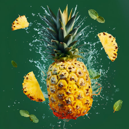 Fresh Tropical Delight A Vibrant Picture of Sliced Pineapple Against Dark Green Backgroundの素材