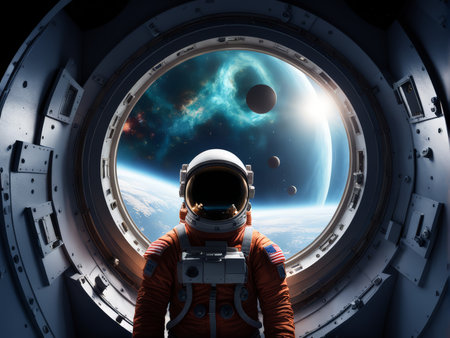 Uplinked Universe A Cosmic Exploration Through Astronaut Space Station Windowの素材