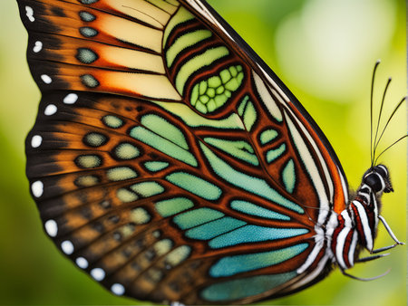 Intricate Butterfly Wings Revealed Vibrant Patterns Against Blurred Green Backgroundの素材