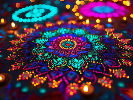 Radiant Mandala: A Vibrant Celebration of Colorful Artistry and Spiritual Beautyの素材