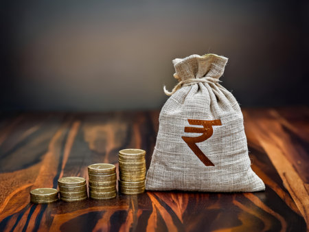 Financial Growth and Savings: A Vibrant Indian Rupee Money Bag Surrounding Increasing Coin Stacks in Warm Tones on Wooden Surfaceの素材