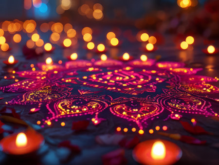 Enchanting Mandala Lit Up With Glowing Colors and Candles - A Colorful Display of Luminescenceの素材