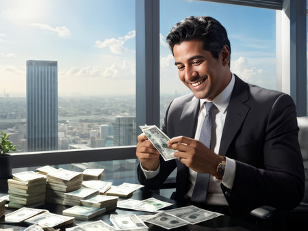 Businessman counting money on the table in the office with cityscape backgroundの素材