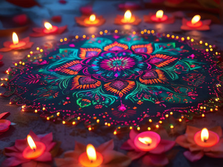 Indian festival Diwali, Diwali oil lamps lit on colorful rangoli. Hindu traditional.の素材