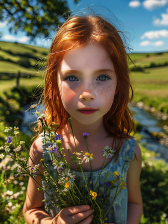 Portrait of a red-haired girl with a bouquet of wildflowers.の素材