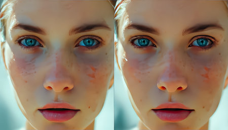 Woman face wrinkles before and after treatment. Closeup of female face.の素材