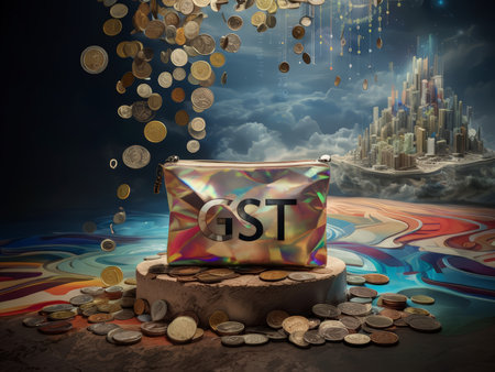 GST bag with gold coins on abstract background. 3d illustrationの素材