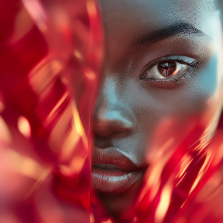 Close-up portrait of a beautiful black woman with creative make-upの素材
