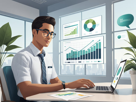 Vector illustration of a businessman working on a laptop in the office.の素材