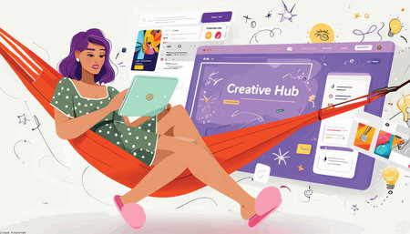 Vector illustration of young woman sitting in hammock and working on laptop. Flat style design.の素材