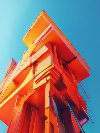 Abstract architecture background. 3d render illustration. Red and orange colors.の素材