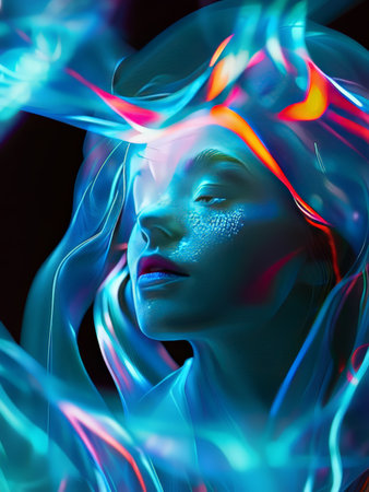 Neon portrait of a beautiful woman on a black background. 3d renderingの素材