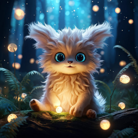 A fluffy white creature with blue eyes sits in a forest illuminated by glowing orbs at night, creating an enchanting atmosphere. The animal has large ears that are standing up straの素材