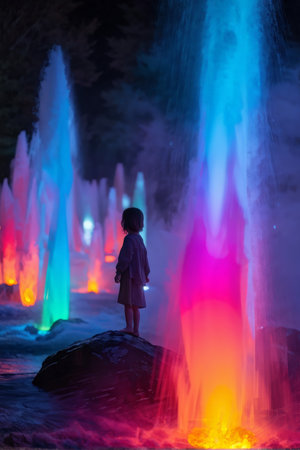 A child is standing in front of multicolored waterfalls at night.の素材