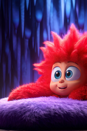 The picture shows an animated red furry creature with blue eyes peeking from behind purple fur in front of a dark background with blurred shapes resembling ice cream cones. The titの素材