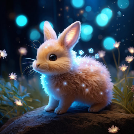 A digitally created image of an anthropomorphic rabbit with glowing blue eyes sitting atop rocks amidst flowers at night surrounded by ethereal lights in shades of blues and whitesの素材