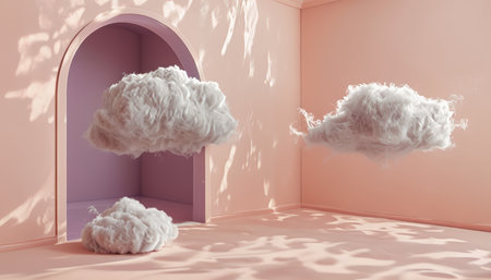 Three white fluffy objects resembling clouds are floating in an indoor environment with pink walls and floor; one large cloud is arching over another smaller object through an archの素材