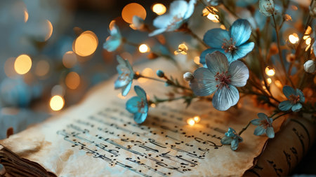 An open book with musical notation is adorned with blue flowers against warm bokeh lights in soft background.の素材