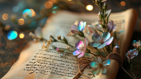 A close-up of colorful artificial flowers with iridescent petals rests atop an old sheet music book, wrapped in twine against a blurry background adorned with lights creating bokehの素材
