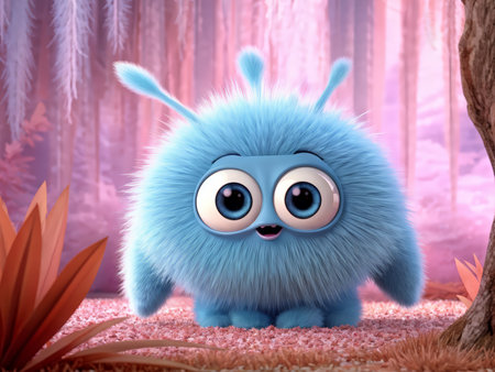 A computer-generated blue fluffy creature with large eyes stands in a pink forest setting.の素材