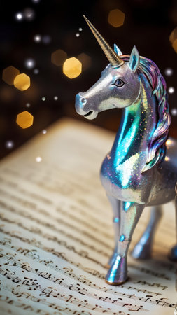 Silver unicorn figurine with iridescent colors standing against sheet music background; glowing bokeh effect in backdrop.の素材