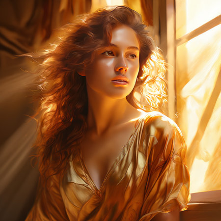 A digital illustration of a woman with flowing hair looking out a window bathed in sunlight. She wears an elegant gold dress and has striking brown eyes. The light highlights her fの素材