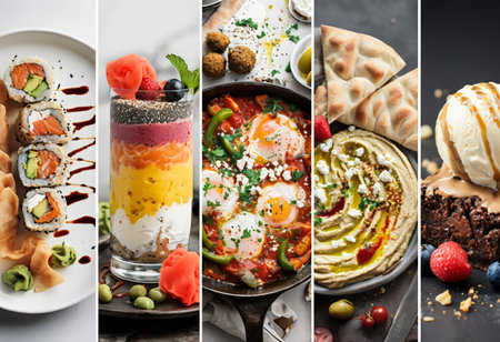 A collage of five images showcasing various plated foods including sushi rolls with salmon, avocado, and cream cheese; layered dessert drinks topped with fruits; fried falafel withの素材