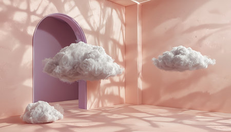 A surreal interior scene with soft pastel colors depicting clouds in mid-air against pink walls. The room features an archway painted purple casting shadows onto textured surfaces.の素材