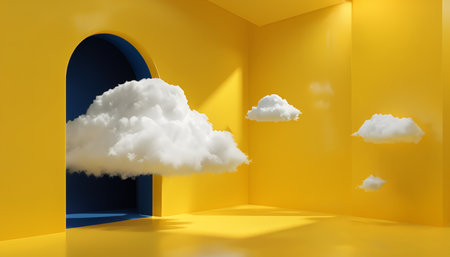 A surreal interior features large yellow walls with three floating white clouds in an otherwise empty space; one cloud appears outside of a dark archway at the left wall. The sceneの素材