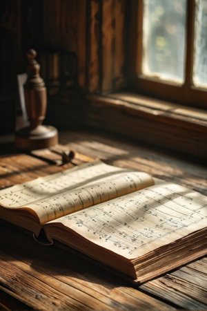 An open book with musical notations is placed on a wooden surface by a window with soft light coming through; additional music-related items are visible in the background.の素材