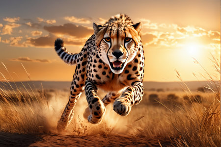 A cheetah leaps through dry grass at sunset with an intense expression.の素材
