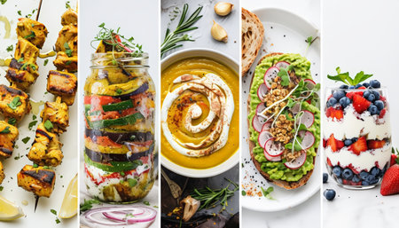 A collage of vibrant food items showcasing various dishes including skewered grilled vegetables with lemon slices, layered stuffed peppers in a glass jar, creamy soup garnished witの素材