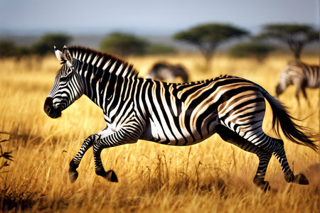 A zebra with stripes is galloping in tall grasses against an out-of-focus background of other zebras and trees under sunlight.の素材