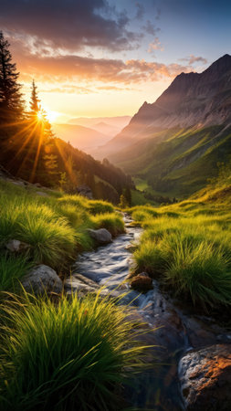 A serene mountain landscape with grassy hillsides, flowing stream, rocky terrain, towering mountains in shades of pink and orange at sunset, green trees lining a winding road belowの素材