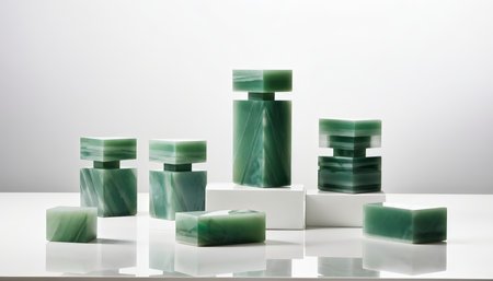 A collection of translucent green soap pieces with varying shapes displayed against a white background.の素材