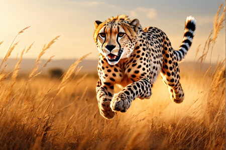 A cheetah is captured mid-leap in golden grass at sunset, showcasing its agility and speed with focused eyes amidst tall wheat stalks swaying gently against a warm sky backdrop.の素材