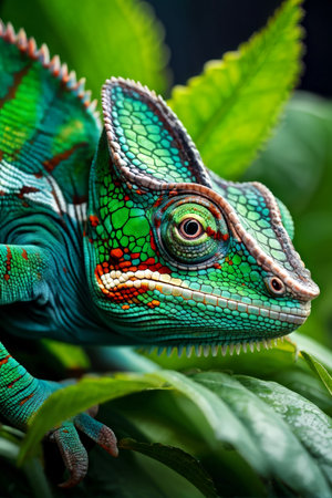 A chameleon with vivid colors of green, blue, red, orange, white, cream, black, brown, gray, pink, purple, olive, yellow, maroon, lilac is captured in a close-up shot amidst plantsの素材