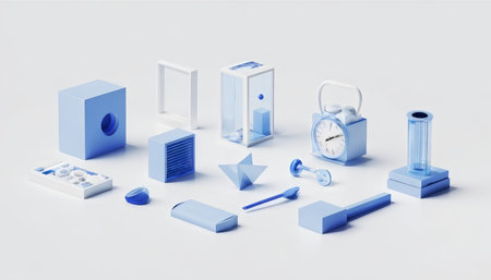 Various blue objects displayed against white background with minimalistic style design elements such as geometric shapes, electronic devices like a fan or heater, kitchen utensils,の素材
