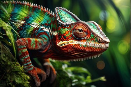 A chameleon with bright green eyes surrounded by plants, its scales displaying various colors like red, blue, orange, white, yellow, brown, black, and hints of silver-green againstの素材